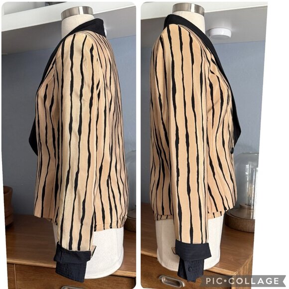 Vtg 80s DAVID HAYES 3pc Silk Blouse Blazer & Pleated Skirt Suit Striped - Picture 2 of 12